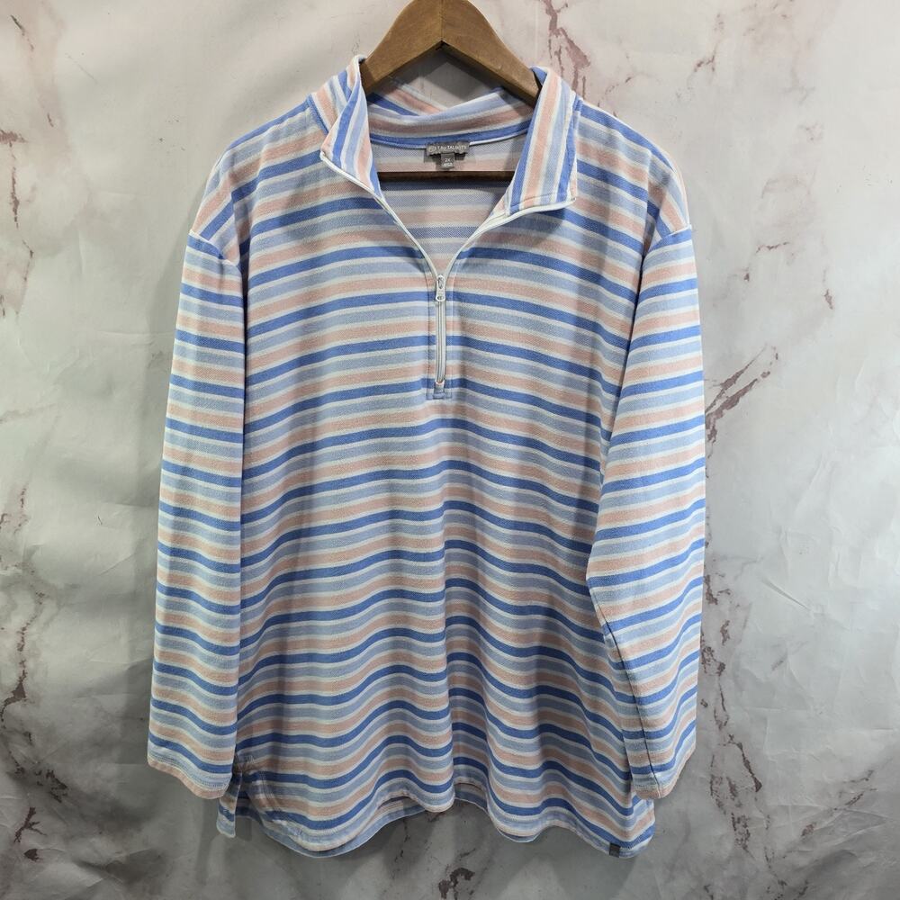 Talbots Sweatshirt Womens 2X Blue Pink White Pullover Zip Striped Terry T By